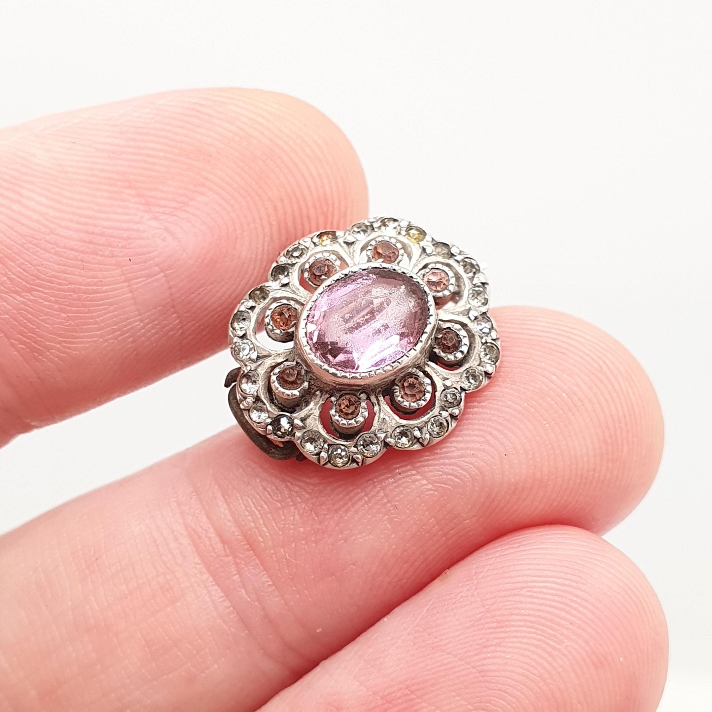 Antique Solid Silver Amethyst Paste Brooch Victorian Cluster Diamond Pastes Oval Shape Genuine 1800s Vintage Womens Ladies Jewelry Jewellery