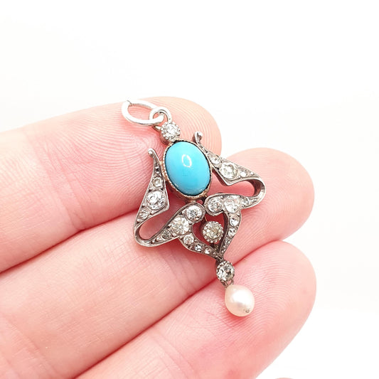 Antique Sterling Silver Turquoise Paste Pendant Necklace Pearl Drop Edwardian Parisian Diamond Company Art Nouveau Vintage Sparkly Womens