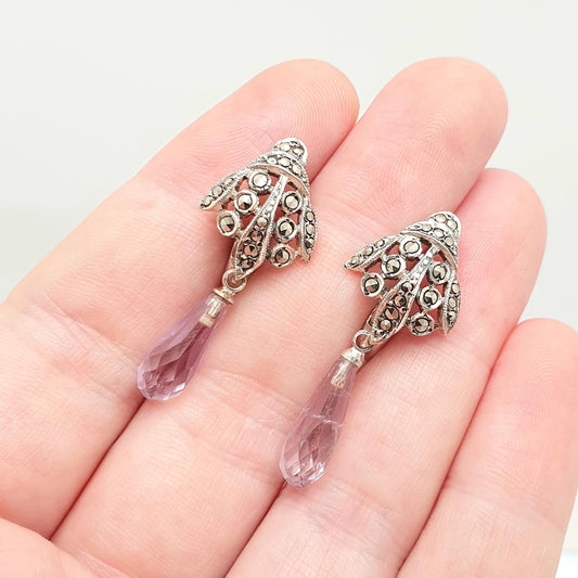 Antique Solid Silver Amethyst Earrings Genuine Amethyst Teardrop Art Deco Marcasite Vintage 1920s  Chandelier Womens Jewelry Jewellery