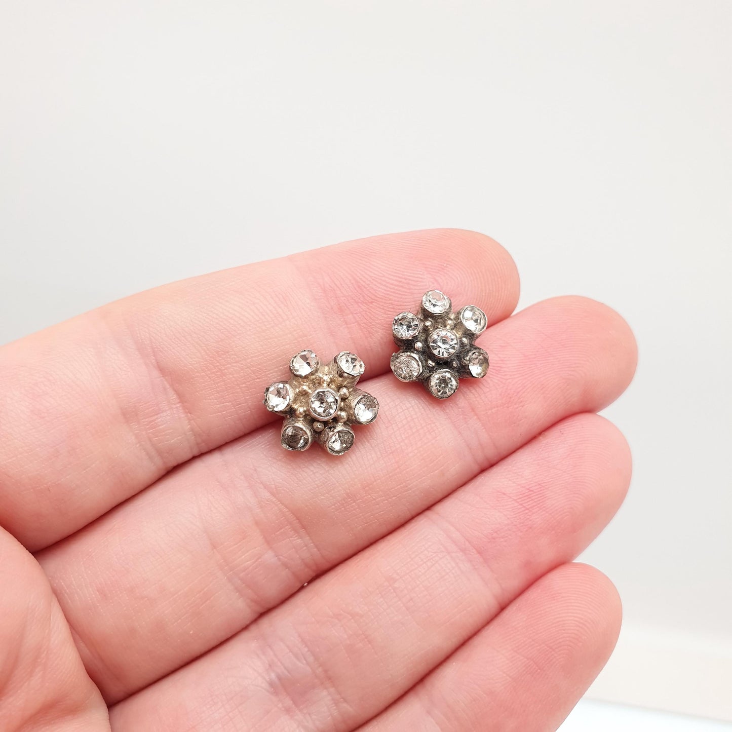 RESERVED/SOLD DON Antique Victorian Solid Silver Diamond Paste Earrings Stud Cluster Sparkly Foiled Glass Rare Vintage 1800s