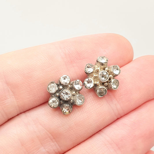 RESERVED/SOLD DON Antique Victorian Solid Silver Diamond Paste Earrings Stud Cluster Sparkly Foiled Glass Rare Vintage 1800s