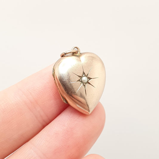 Antique 9ct 9k Rose Gold Heart Locket Seed Pearl Victorian Solid 375 Star Centre Pendant Back Front Small Photo Vintage Jewelry Jewellery