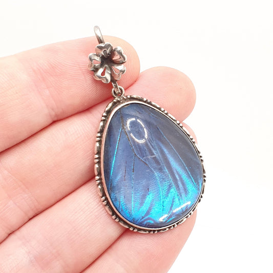 Antique Art Deco Solid Silver Butterfly Wing Necklace Pendant Teardrop Vintage 1920s Blue Bug Fly Insect Small Jewelry Jewellery Womens