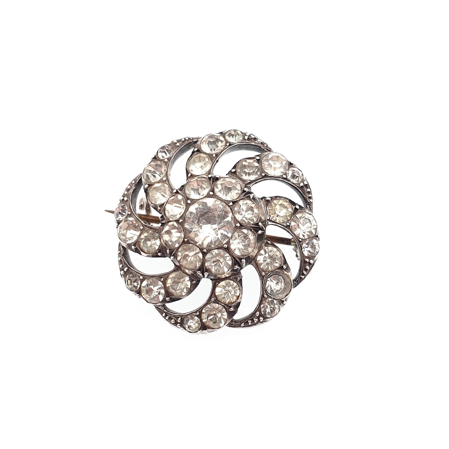 Antique Diamond Paste Sterling Silver Brooch Victorian Spiral Swirl Old Cut Ornate Late 1800s Sparkly Foiled Glass Cute Jewelry Jewellery