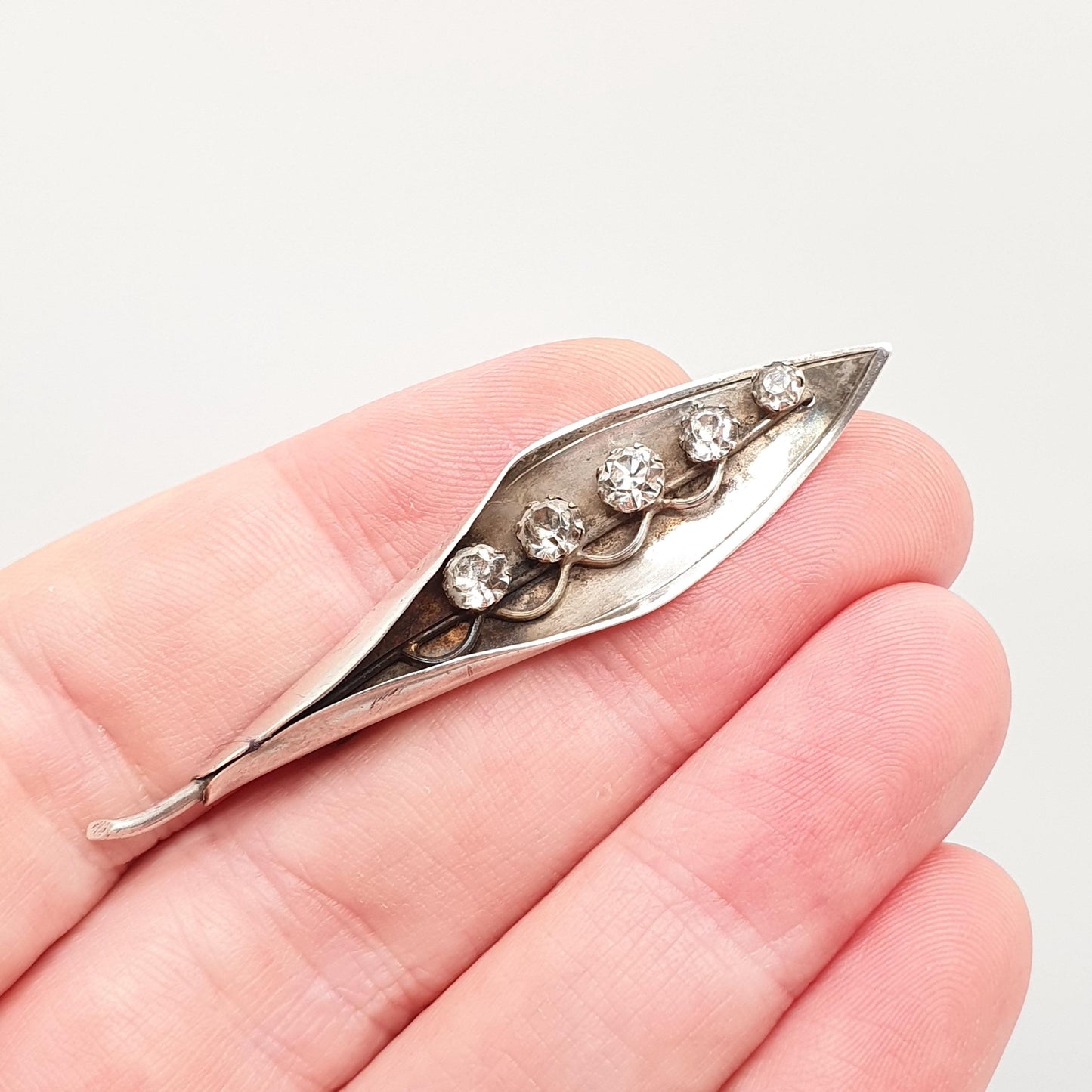 Antique Sterling Silver Leaf Brooch Diamond Paste 1920 Hallmarked Art Deco Sparkly Leaves Genuine Solid 925 Jewellery Ladies Womens Jewelry