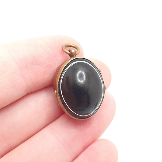 Antique Victorian Faux Bullseye Agate Locket Gold Gilt Pendant Necklace Oval Black Eye Glass Agates Cabochon Vintage Womens Mens Jewelry