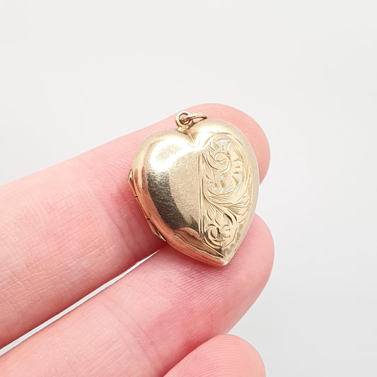 Antique 9ct Gold Heart Locket Cute Engraved Solid 9k 375 Pendant Fine Estate Love Gift Back & Front Necklace Retro Jewelry Womens Jewellery