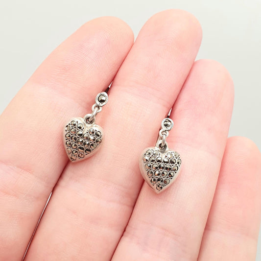 Antique Art Deco Solid Silver Heart Earrings Marcasite Puffer Puff Hanging Teardrop 1920s Vintage Flapper Sparkly Womens Jewelry Jewellery