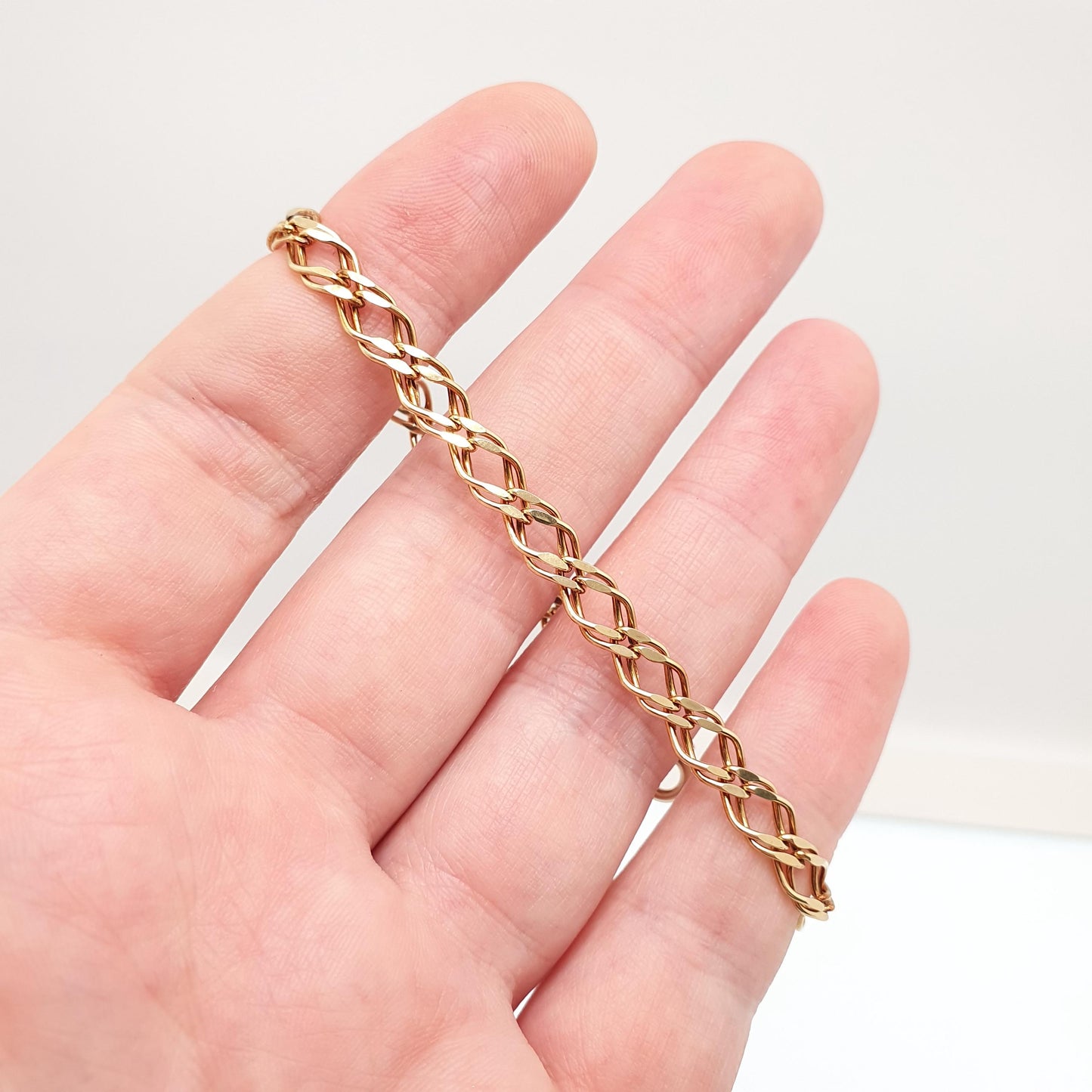 Vintage Solid 9ct 375 Gold Chain Bracelet Double Curb Link Charm 18.5cm 7.25" 2.35g 9k 9 Carat Hallmarked Yellow Womens Jewelry Jewellery