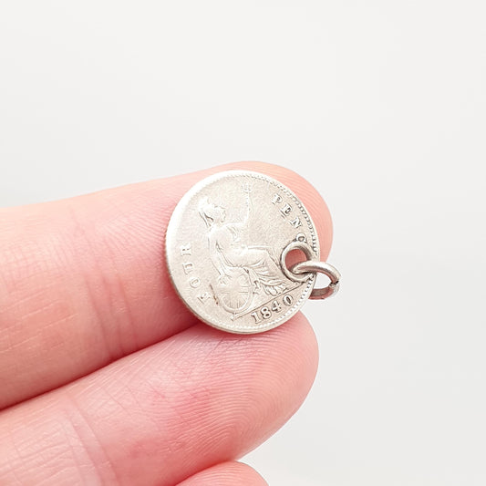 RESERVED/SOLD DON Antique Victorian Threepence Coin 1840 Necklace Pendant Sterling Silver Bracelet Charm Old Vintage Mens Womens 1800s