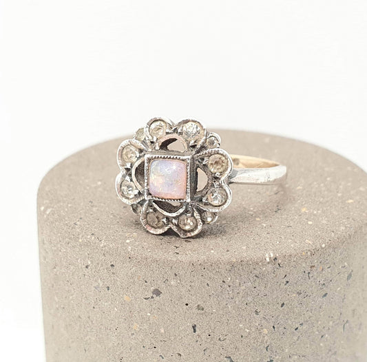Antique 9ct Gold Faux Opal Diamond Paste Ring Art Deco Cluster Halo Solid Silver 9k 375 Foiled Pastes 1920s Vintage Jewerly Jewellery