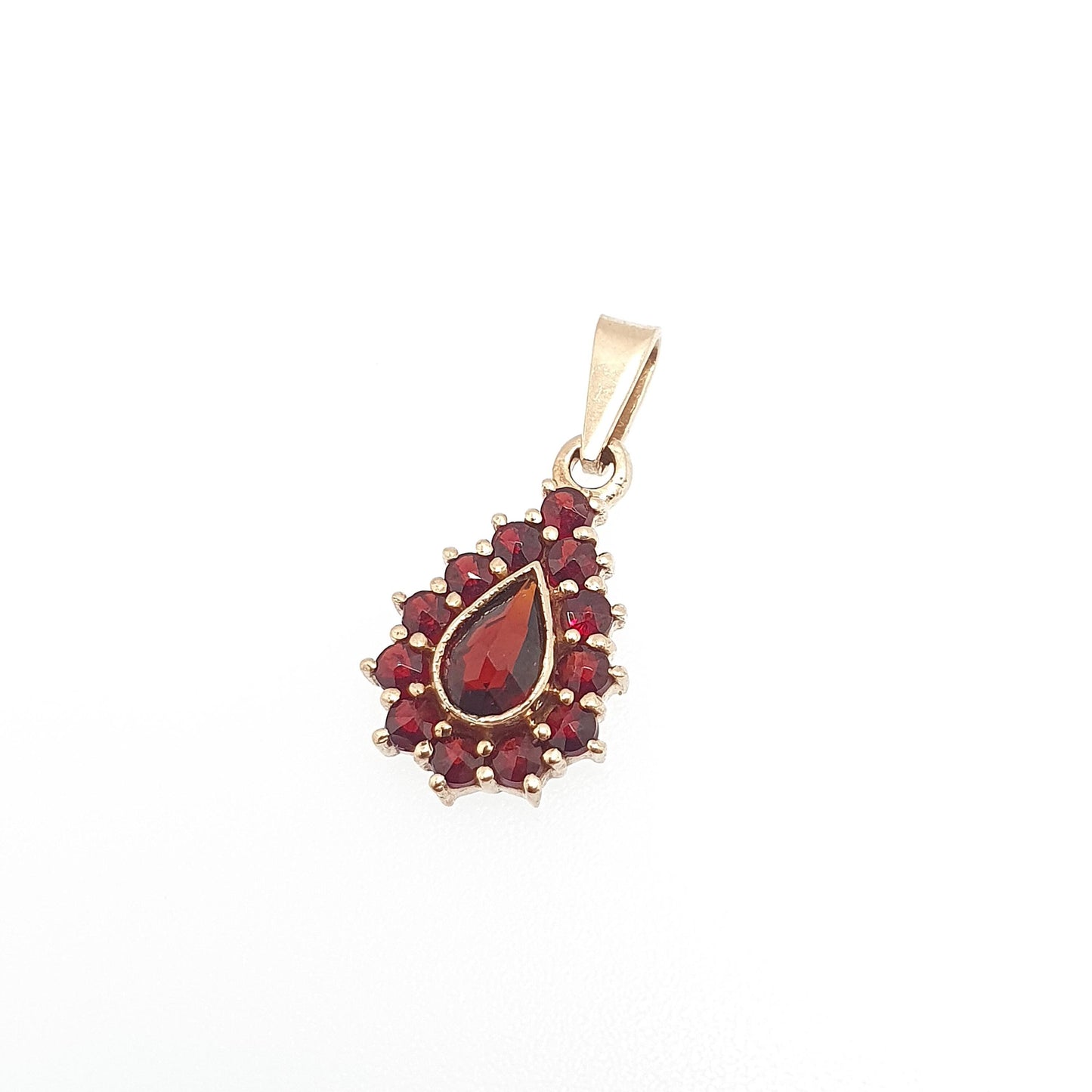 Vintage 9ct 9k Gold Garnet Pendant Necklace Bohemian Style Genuine Red Gemstone Teardrop Pear Cluster Solid 375 Womens Jewellery Jewelry