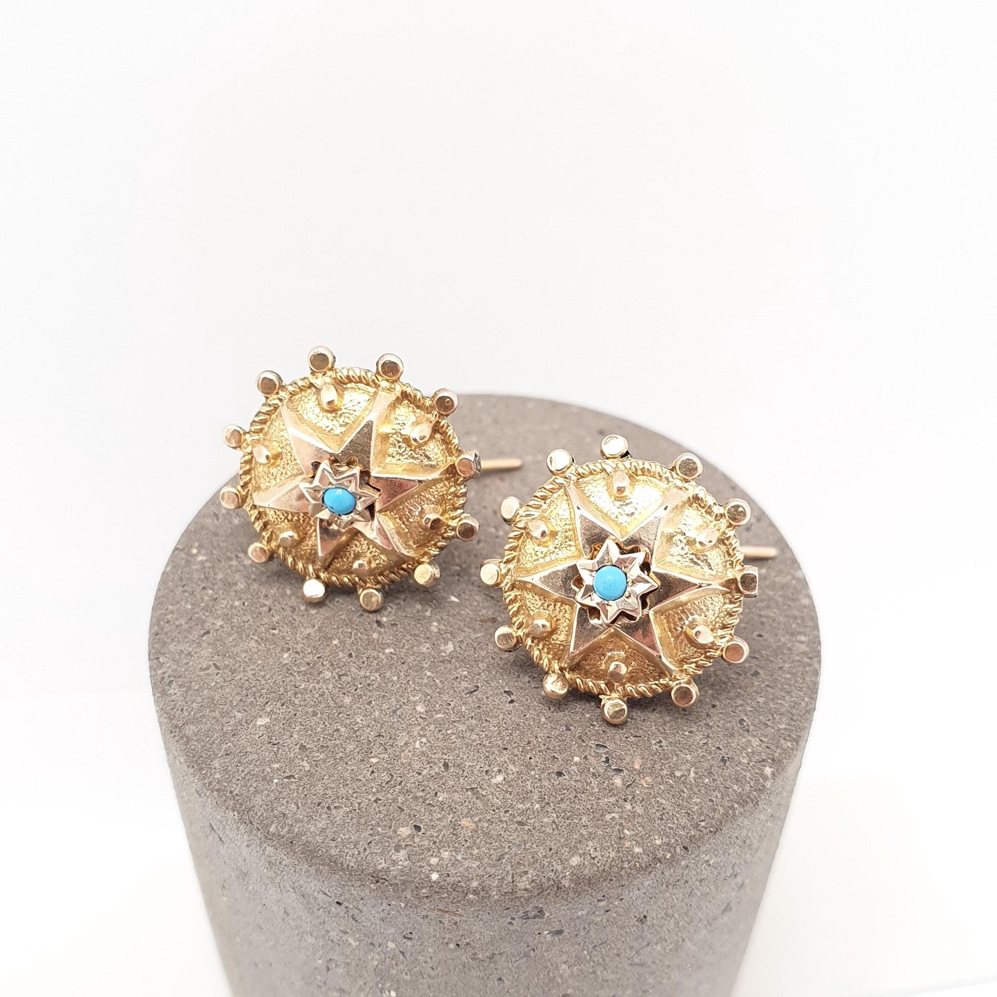 Antique Victorian 9ct Gold Star Earrings Turquoise Etruscan Celestial Hook Dangle Drop Solid 9k 375 1800s Vintage Jewelry Womens Jewellery