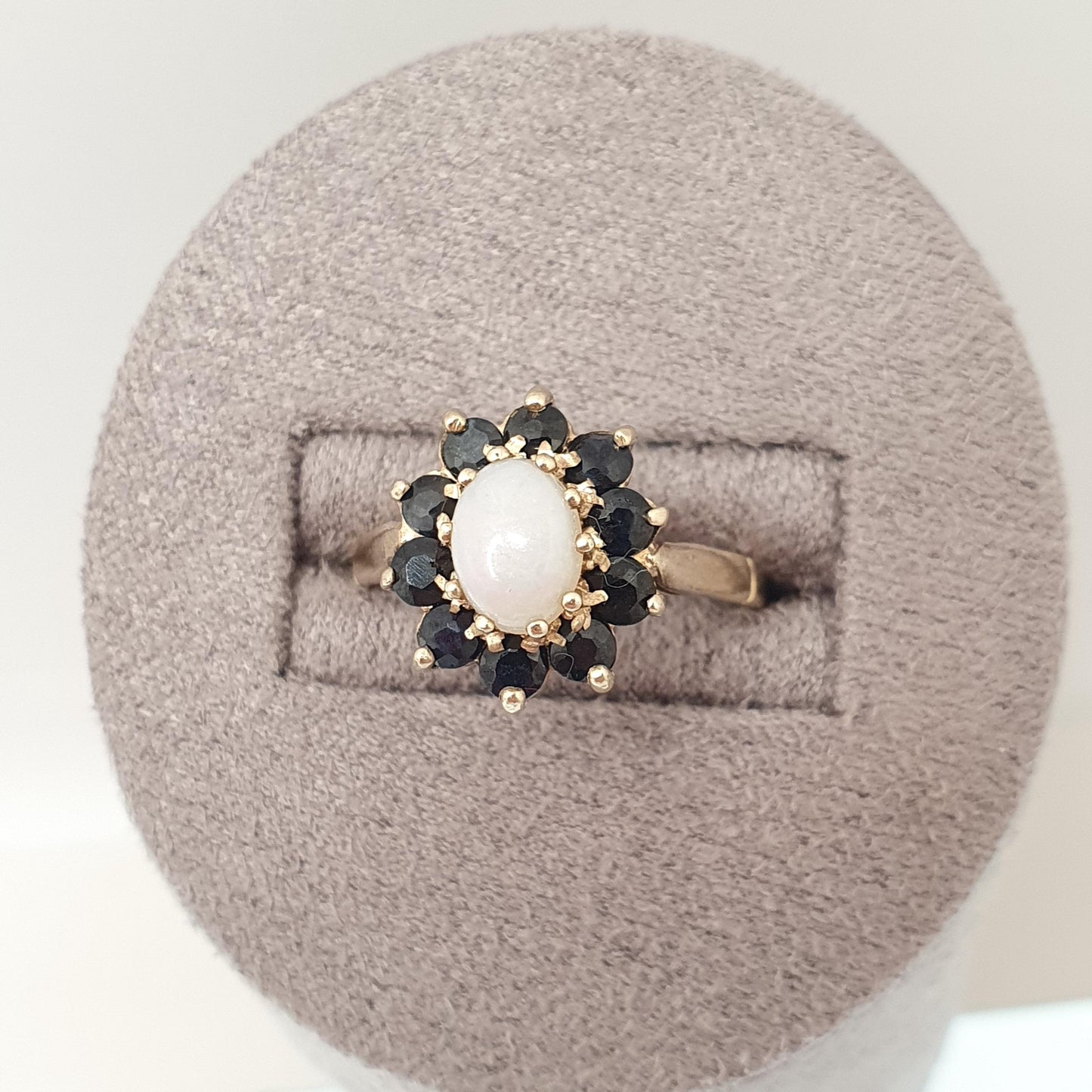 Vintage Sterling Silver Opal Ring Sapphire Halo Cluster 1986 Hallmarked Gold Vermeil Sparkly Retro White Gemstone Solid 925 Womens Genuine