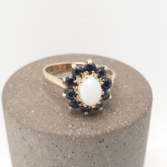 Vintage Sterling Silver Opal Ring Sapphire Halo Cluster 1986 Hallmarked Gold Vermeil Sparkly Retro White Gemstone Solid 925 Womens Genuine