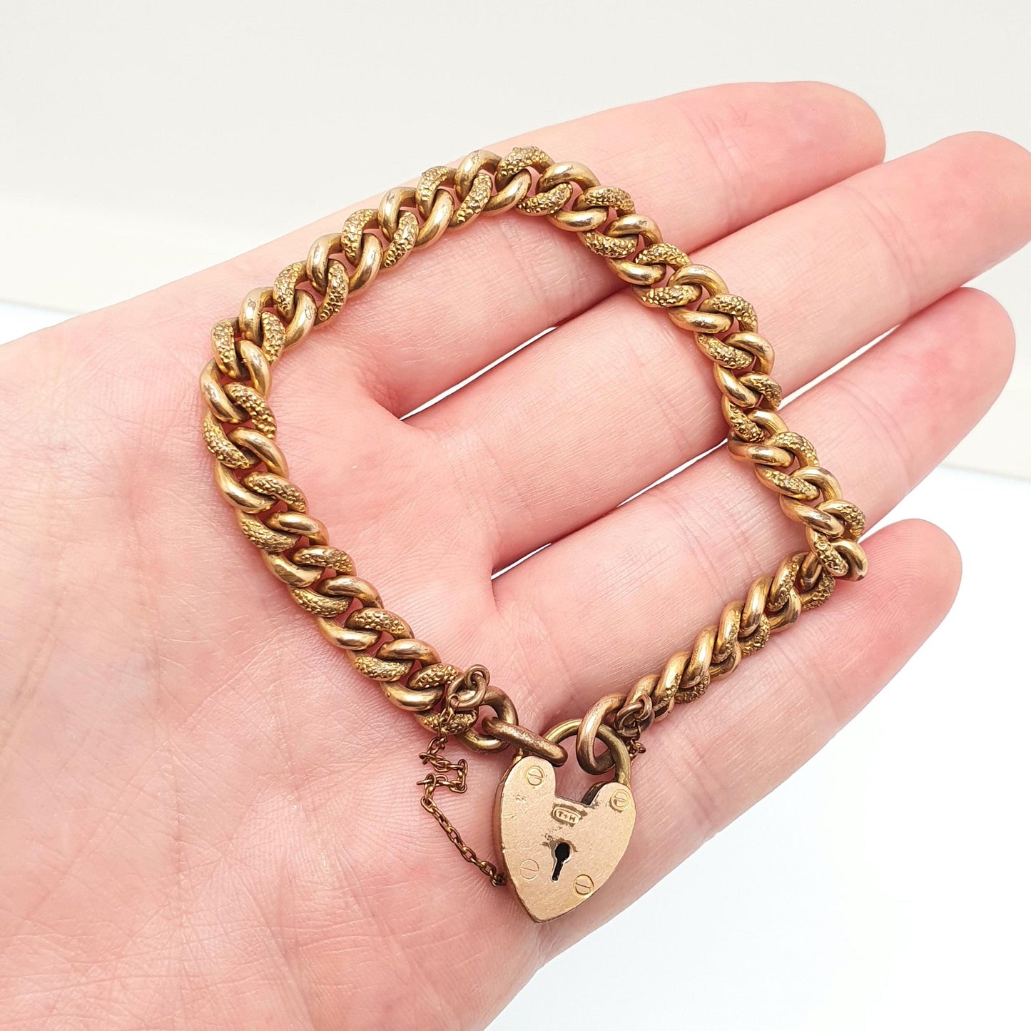 Antique Rolled Gold Filled Bracelet Padlock Lock Charm Chased Victorian Albert Chain Curb Link 19cm 7.5" 29.11g Jewelry Jewellery Womens