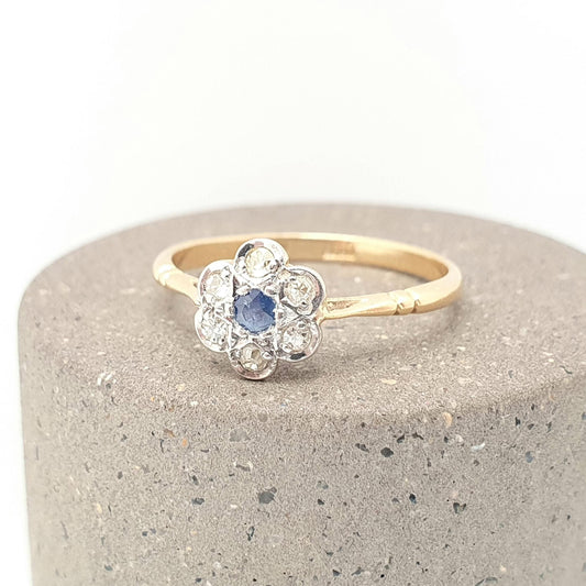 Antique Sapphire & Diamond Ring 18k 18ct Solid Gold 750 Dainty Cluster Flower Halo Gemstone Estate Rose Genuine Vintage Jewelry Jewellery