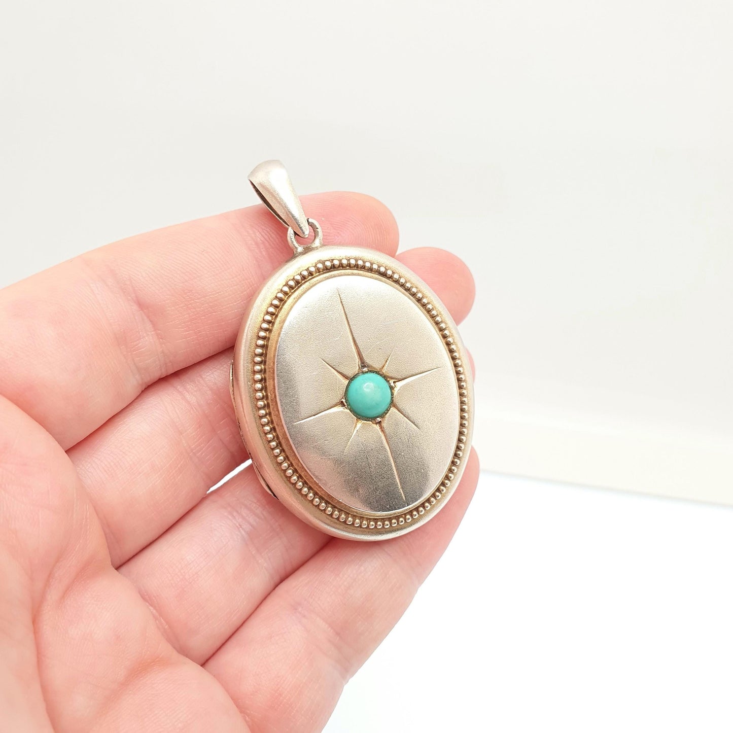 Antique Solid Silver Turquoise Locket Victorian Star Centre Large Big Huge Gemstone Necklace Gold Vermeil Rare Vintage Jewelry Jewellery