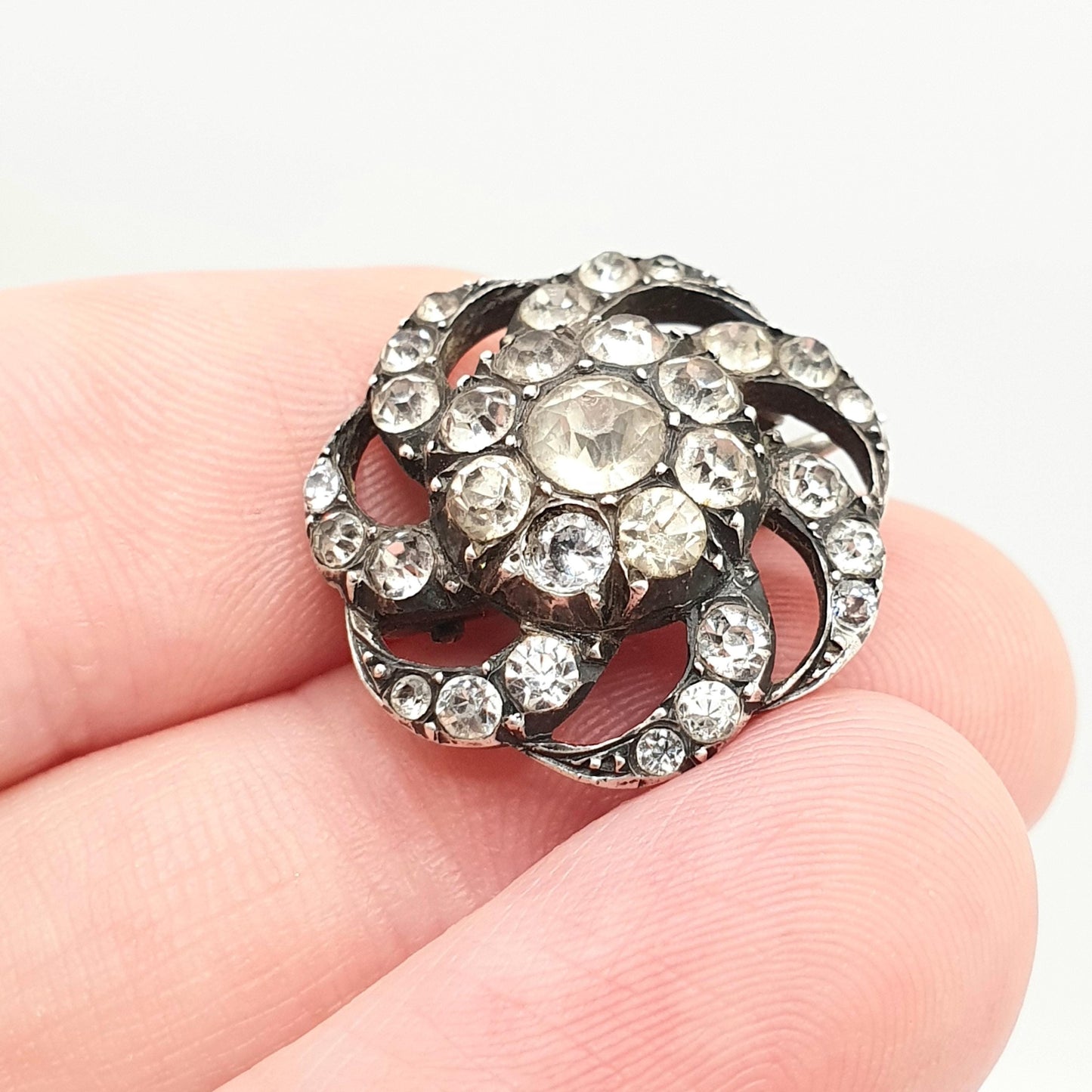 Antique Solid Silver Paste Brooch Victorian Spiral Swirl Diamond Pastes Old Cut Ornate Late 1800s Sparkly Cute Jewelry Jewellery