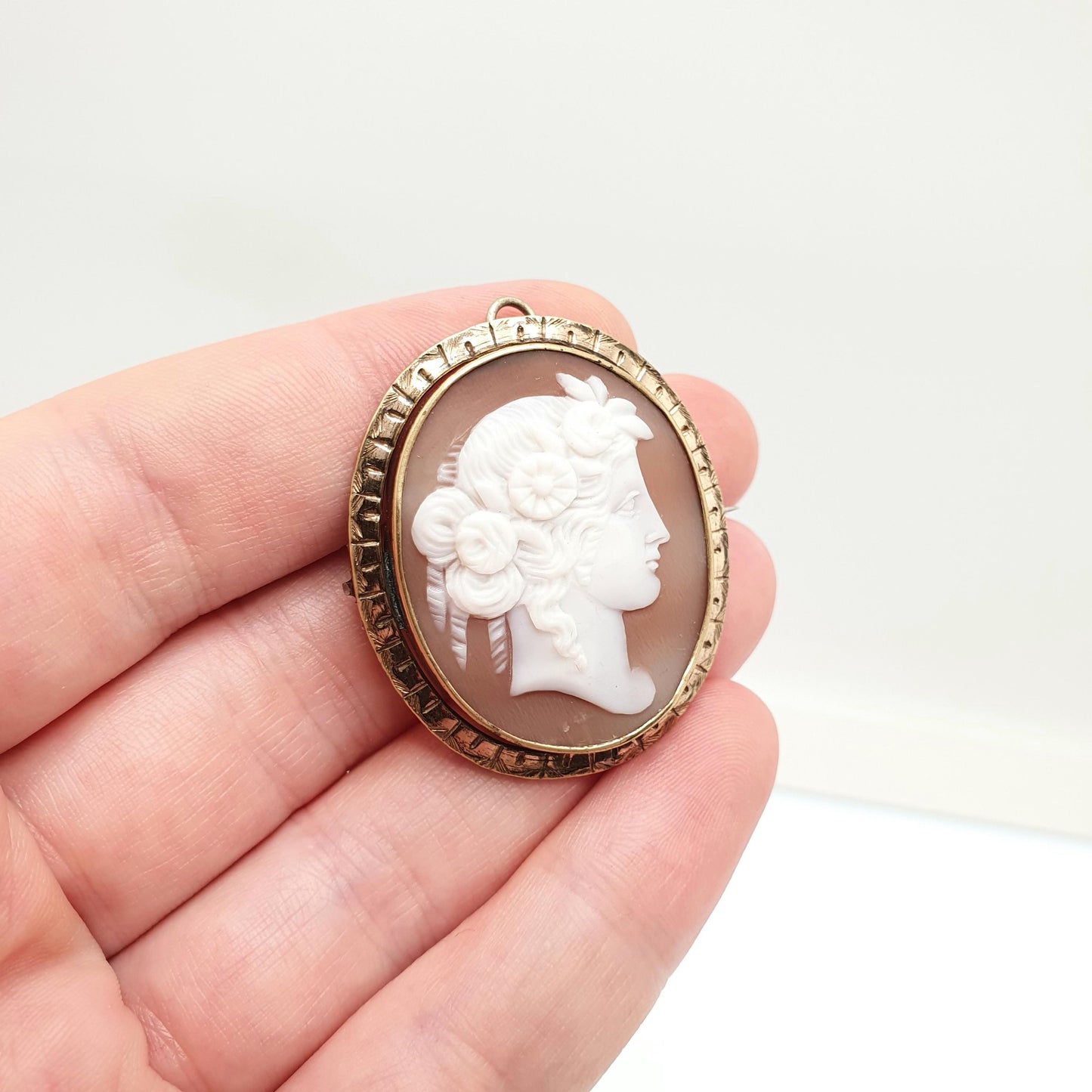 Antique Victorian Cameo Brooch Pendant Rolled Gold Filled Engraved Border Large Big Necklace Hand Carved Shell Vintage Jewelry Jewellery