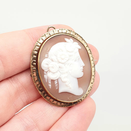 Antique Victorian Cameo Brooch Pendant Rolled Gold Filled Engraved Border Large Big Necklace Hand Carved Shell Vintage Jewelry Jewellery