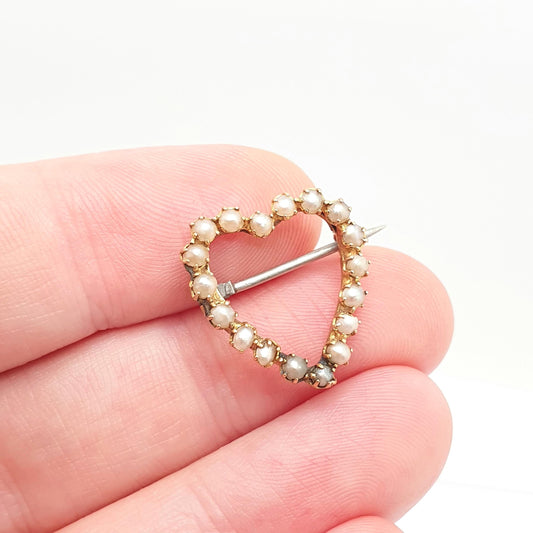 Antique 18ct Heart Brooch Seed Pearl Solid 18k 750 French Genuine Pearls Sweetheart Romantic Gift Love Womens Vintage Jewellery Jewelry