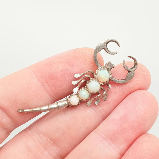 Antique Natural Opal Scorpion Brooch Scorpio White Silver Tone Victorian Genuine Gemstones Vintage Arachnid Insect Gift Jewelry Jewellery