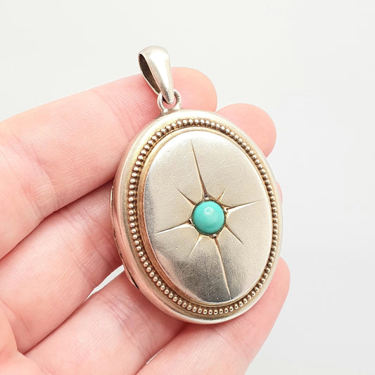 Antique Solid Silver Turquoise Locket Victorian Star Centre Large Big Huge Gemstone Necklace Gold Vermeil Rare Vintage Jewelry Jewellery