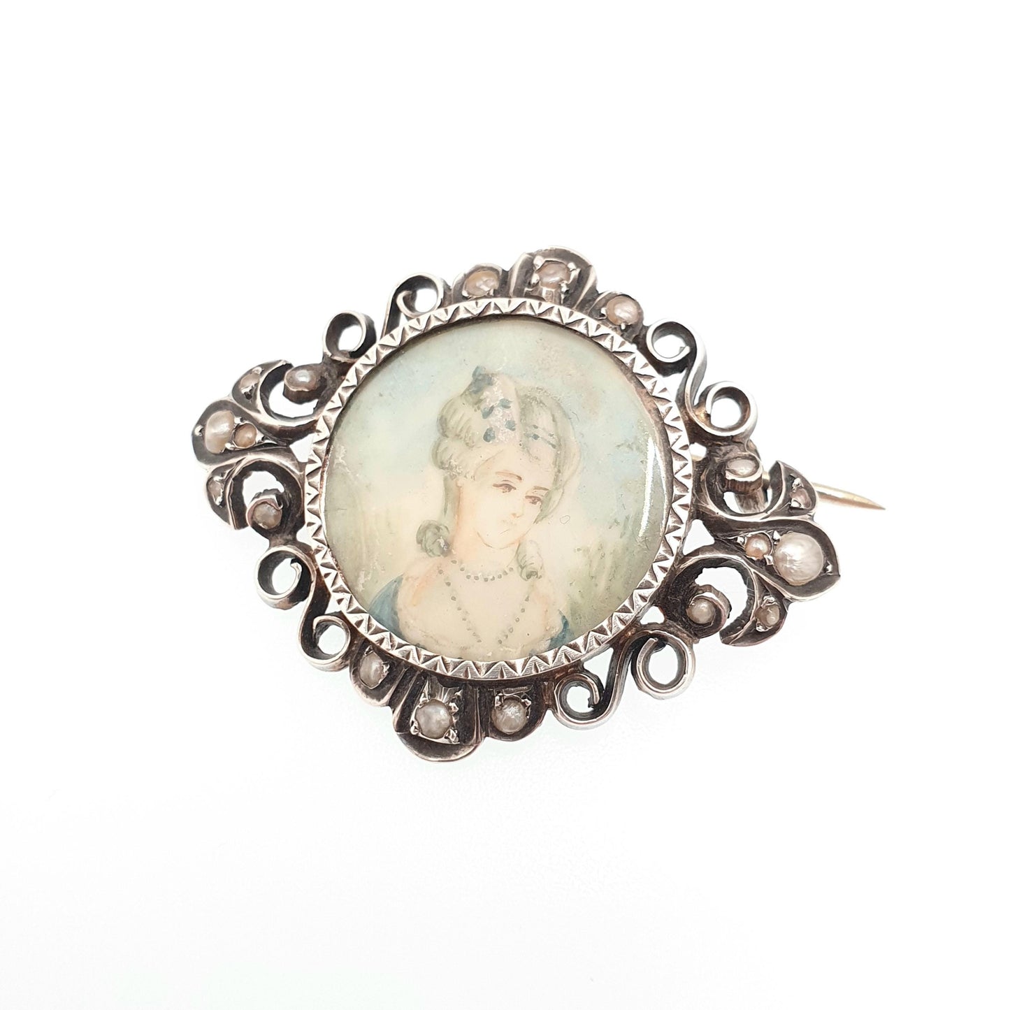 Antique Georgian Solid Silver Miniature Portrait Brooch Seed Pearl Pin Rococo Renaissance Revival Hand Painted Vintage Jewelry Jewellery