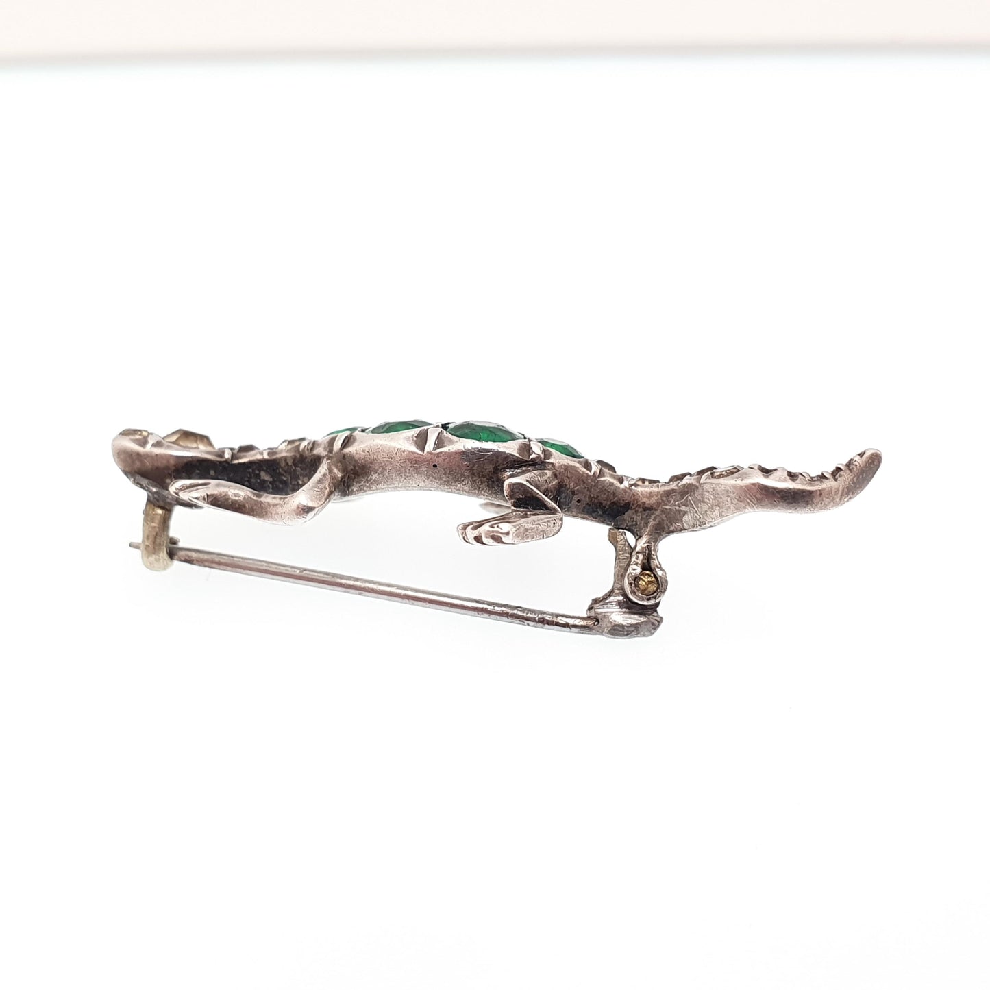 Antique Solid Silver Lizard Brooch Diamond & Emerald Paste Victorian Reptile Pin Animal Gecko Vintage Green Womens Retro Jewelry Jewellery