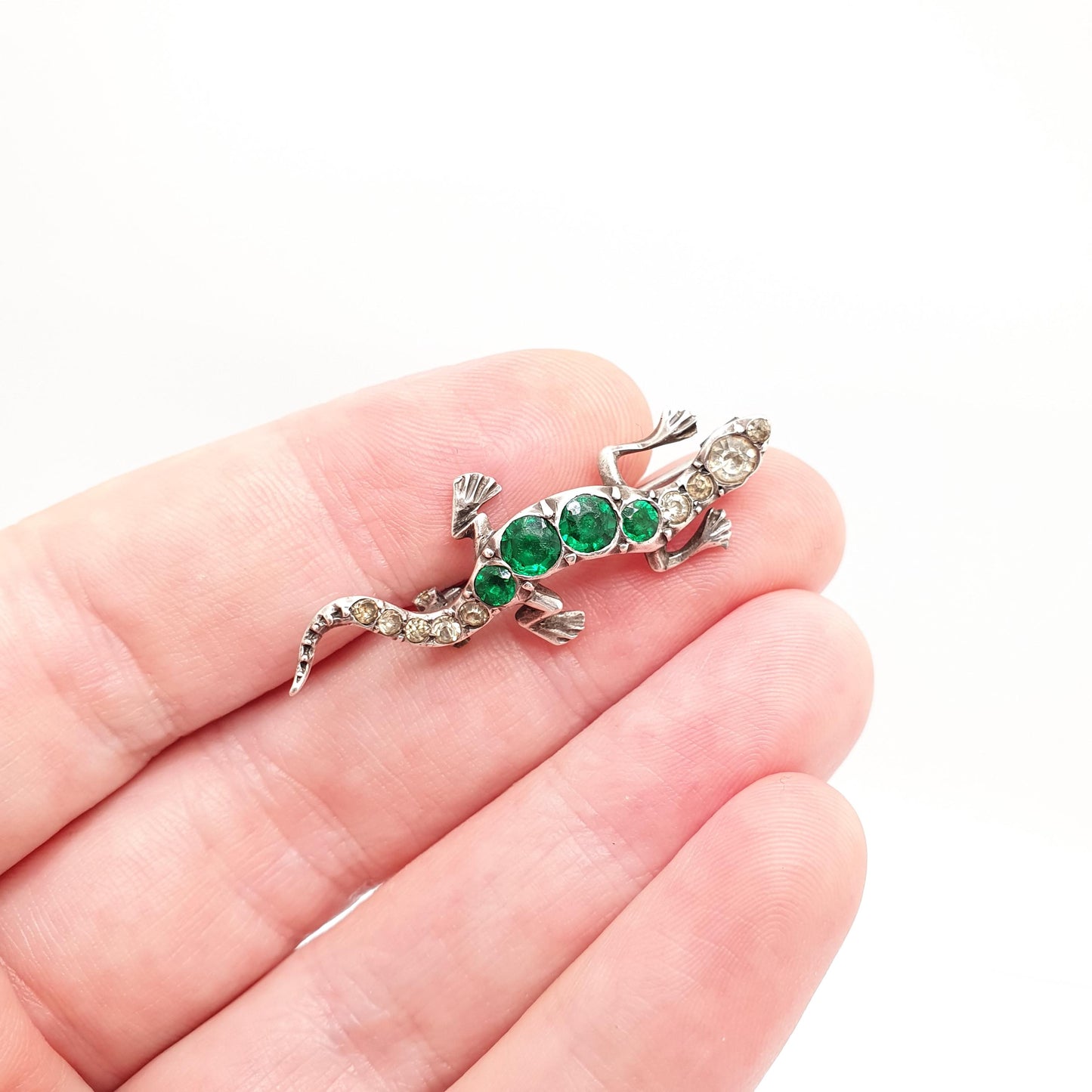 Antique Solid Silver Lizard Brooch Diamond & Emerald Paste Victorian Reptile Pin Animal Gecko Vintage Green Womens Retro Jewelry Jewellery