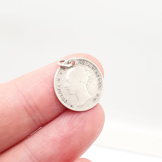 Antique Victorian Sterling Silver Coin Necklace Pendant 1876 Threepence Three Pence Bracelet Charm Old Vintage Mens Womens Jewelry Jewellery