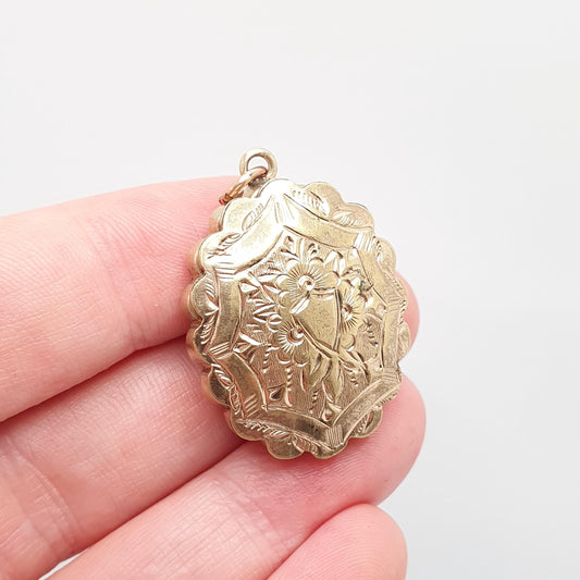 Antique Rolled Gold Locket Necklace Pendant Gold Filled Front & Back Pattern Engraved Oval Vintage Frilled Womens Ladies Jewellery Jewelry