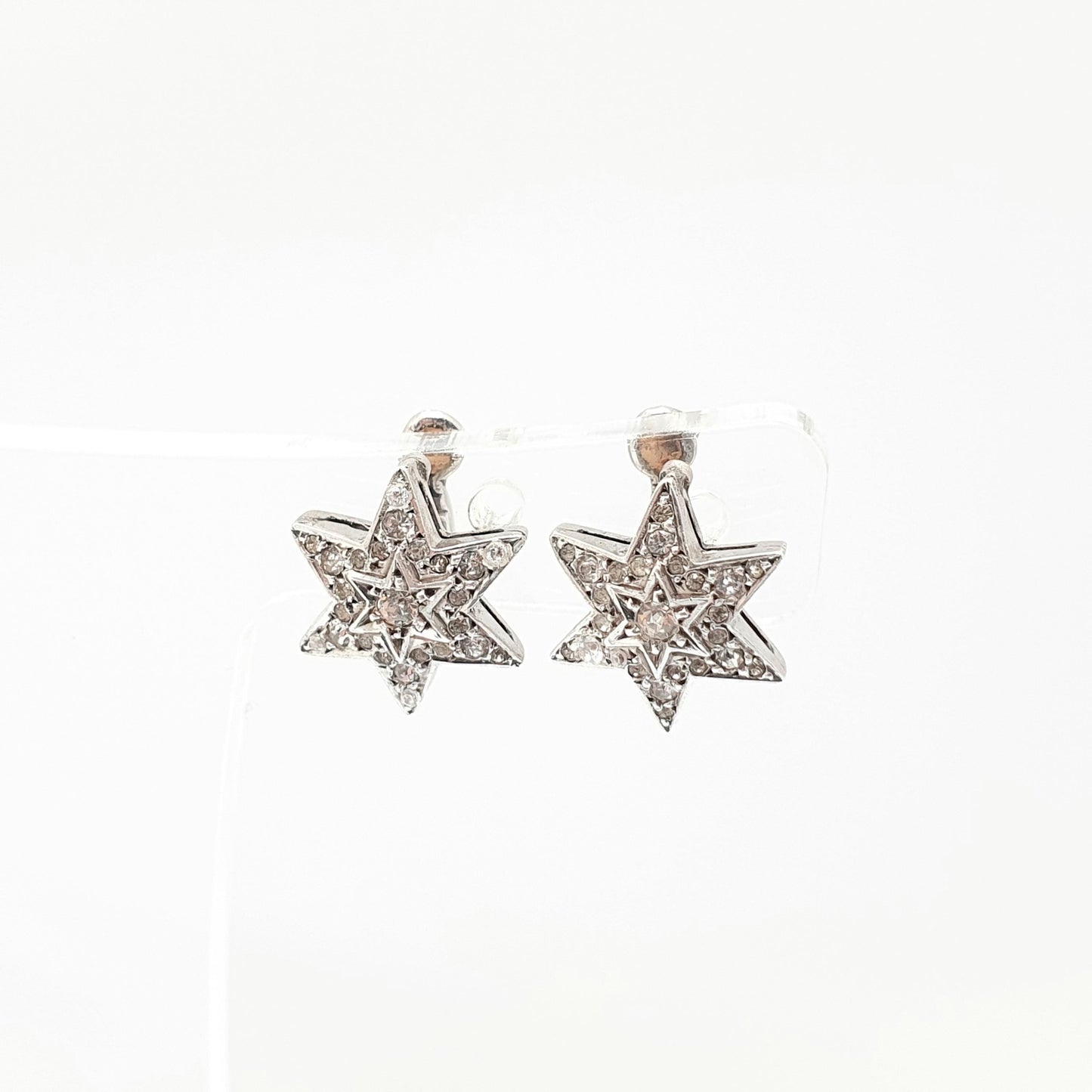 Antique Sterling Silver Diamond Paste Star Earrings Art Deco Clip On 1920s Vintage Sparkly Shooting Stars Six Point SCP Jewelry Jewellery