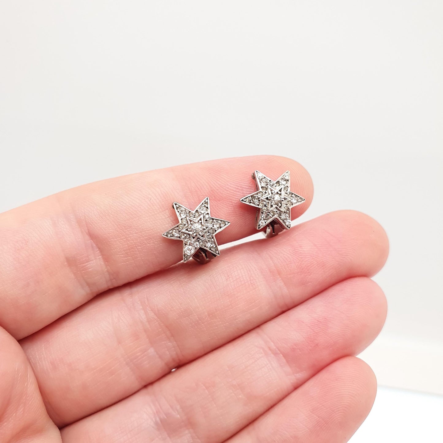 Antique Sterling Silver Diamond Paste Star Earrings Art Deco Clip On 1920s Vintage Sparkly Shooting Stars Six Point SCP Jewelry Jewellery