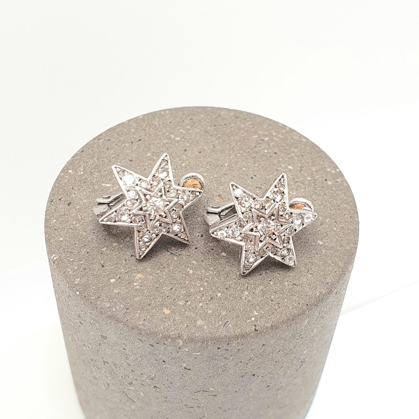 Antique Sterling Silver Diamond Paste Star Earrings Art Deco Clip On 1920s Vintage Sparkly Shooting Stars Six Point SCP Jewelry Jewellery