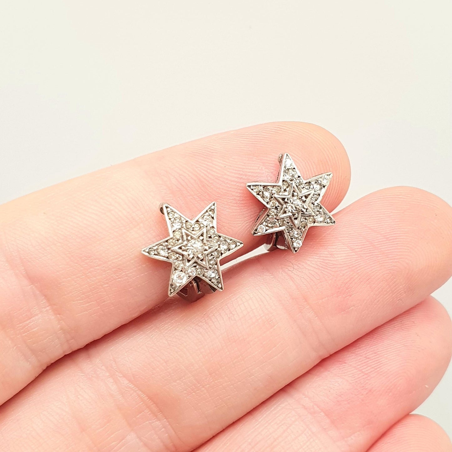 Antique Sterling Silver Diamond Paste Star Earrings Art Deco Clip On 1920s Vintage Sparkly Shooting Stars Six Point SCP Jewelry Jewellery