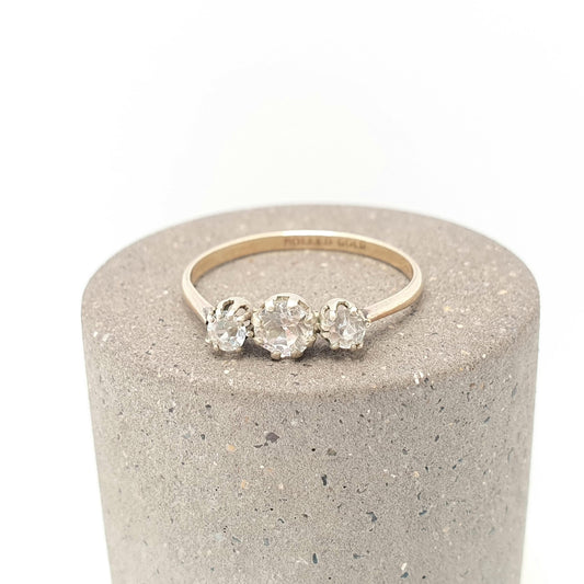 Antique Diamond Paste Rolled Gold Ring Trilogy Victorian Three Stone Tri Filled Old Cut Foiled Glass Vintage Ladies Womens Jewelry Jewellery