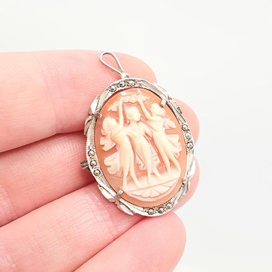 Antique Solid Silver Three Graces Cameo Brooch Pin Marcasite Art Deco Shell Hand Carved Italian Vintage 1920s Jewelry Jewellery Jewelry