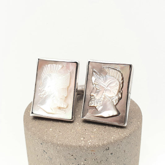 Antique Solid Silver Cameo Cufflinks Cuff Links Centurion 1920s Large Rectangular Hand Carved Shell Gent Mens Vintage Jewelry Jewellery