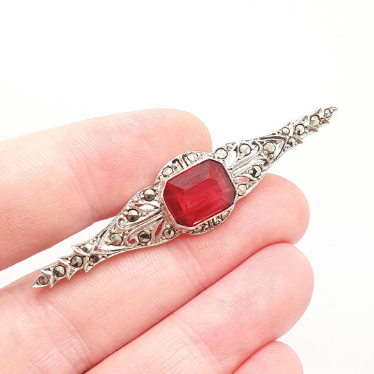 Antique Sterling Silver Ruby Paste Brooch Art Deco Marcasite Geometric Pin Solid Genuine 1920s Large Vintage Womens Jewelry Jewellery