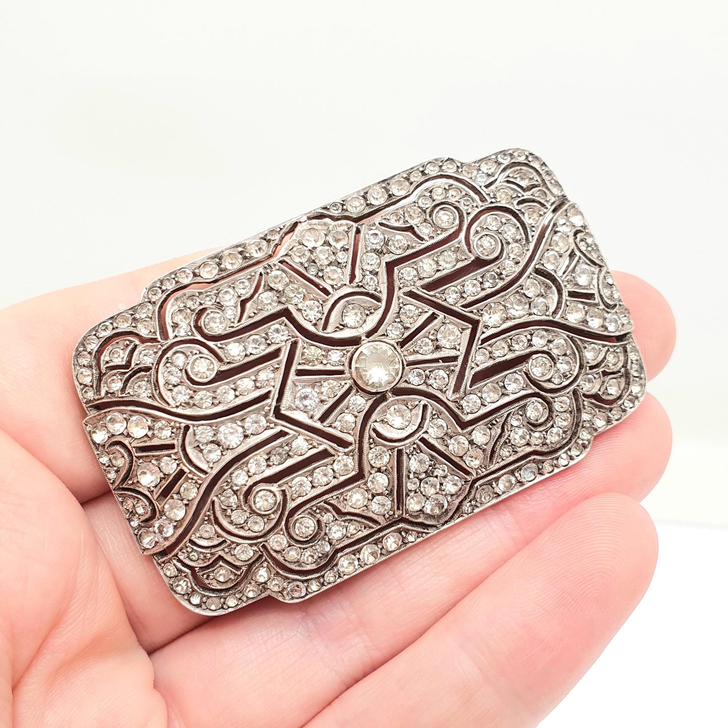 Antique Solid Silver Diamond Paste Brooch Art Deco French Large Big Huge Pastes Genuine 1920s Geometric Sparkly Vintage Jewelry Jewellery