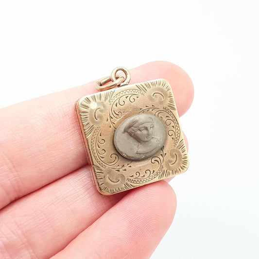 Antique Lava Cameo Locket Rolled Gold Filled Pendant Necklace Victorian Genuine Square High Relief Grey Vintage Womens Jewelry Jewellery