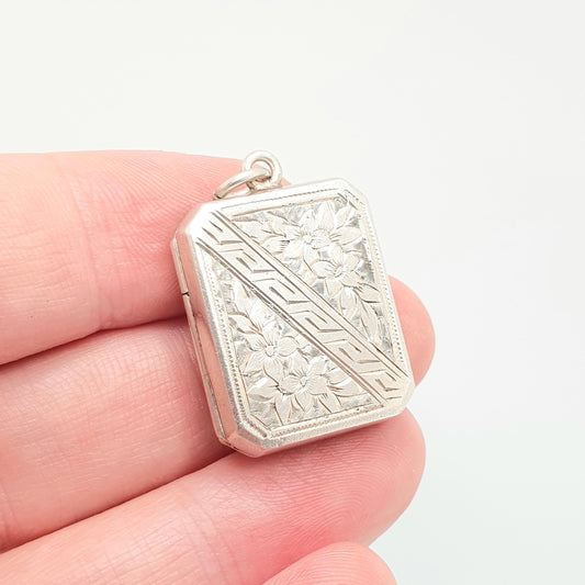 Antique Victorian Sterling Silver Locket Rectangular 1900 Hallmark Greek Key Engraving Pendant Necklace Photo Vintage Womens Jewelry 925