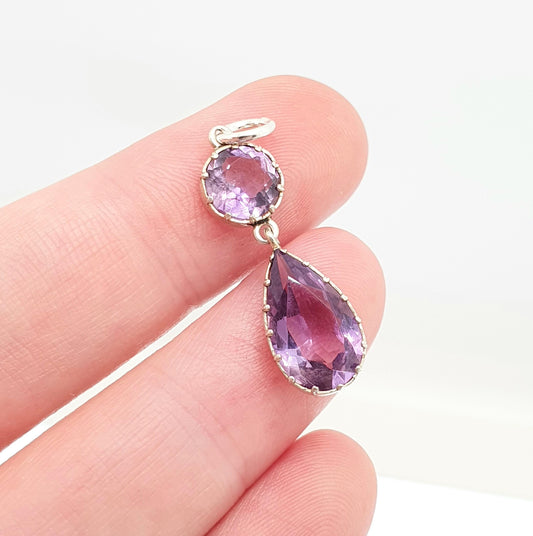 Antique Victorian Solid Silver Natural Amethyst Pendant Necklace Pear Cut Genuine Real Quartz Gemstone Gift Estate Vintage Jewellery Jewelry