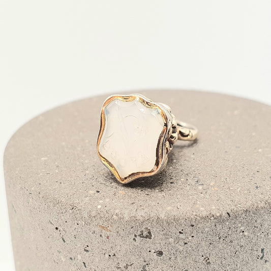 Antique Victorian 9ct Gold Intaglio Fob Pendant AVOUS A'VOUS YOURS Shield Necklace Solid 9k 9kt White Chalcedony Quartz Gemstone Vintage