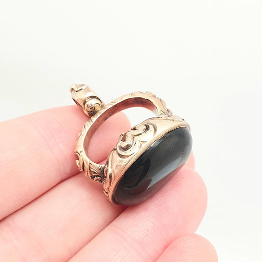 Antique 9ct Gold Cased Onyx Fob Pendant Victorian Necklace Deep Chasing Engaved Early Vic Albert Chain Vintage Womens Jewellery Jewelry