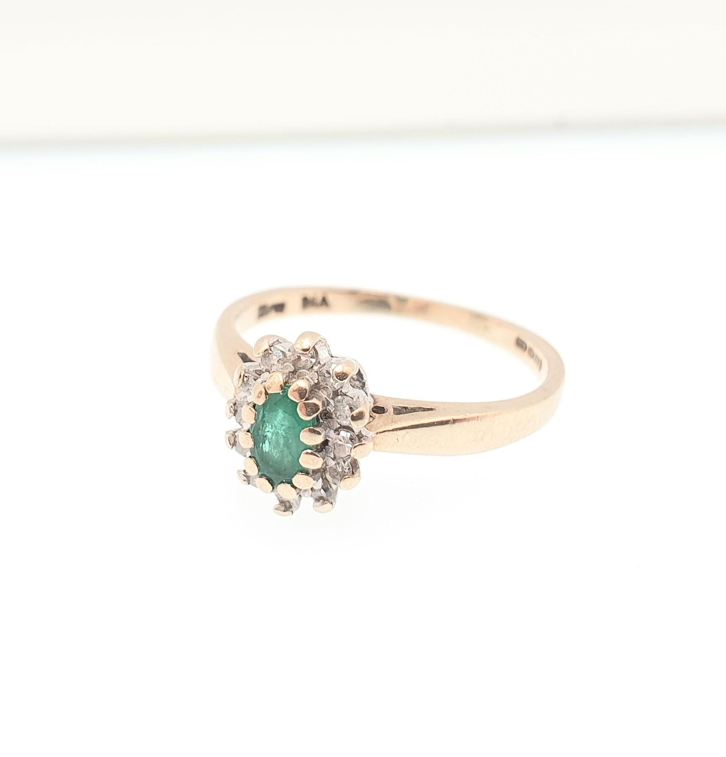 Vintage 9k Gold Emerald Diamond Ring Cluster Oval Cut Solid 9ct 375 Estate Fine Retro Genuine Gemstone Real Jewelry Jewellery Womens