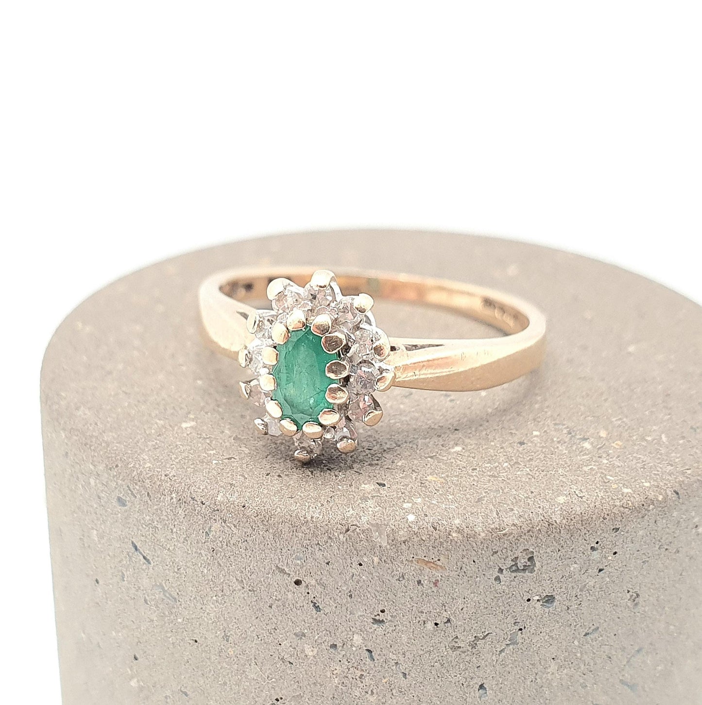 Vintage 9k Gold Emerald Diamond Ring Cluster Oval Cut Solid 9ct 375 Estate Fine Retro Genuine Gemstone Real Jewelry Jewellery Womens