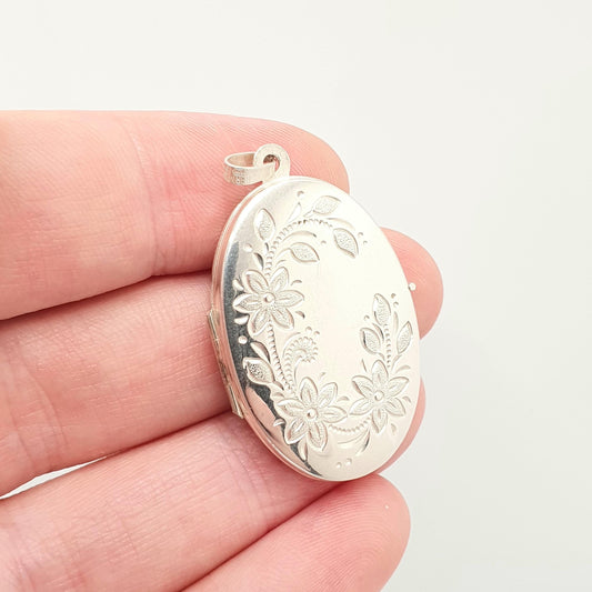 Vintage Sterling Silver Locket Oval Pendant Necklace Large Big Embossed Retro Fine Solid 925 Floral Flower Jewelry Womens Jewellery